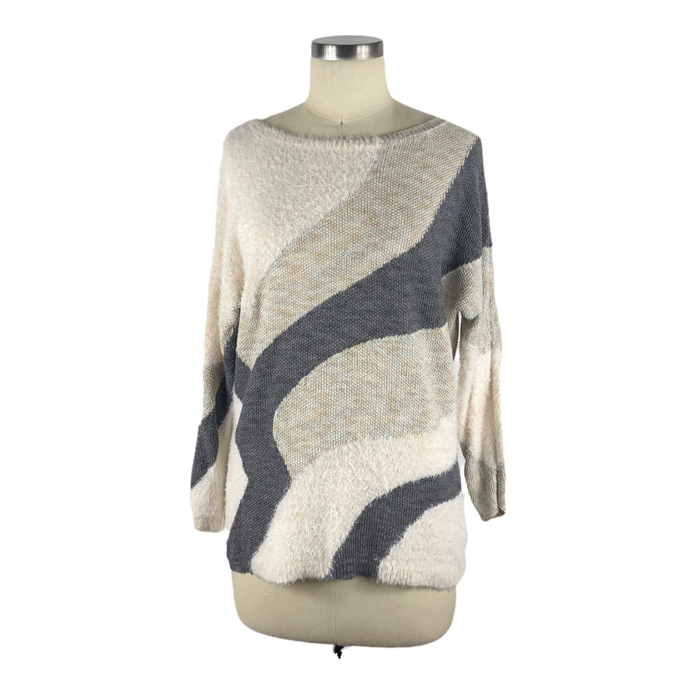 NIC + ZOE Gray Cream Landscape Mixed Knit Pullover Sweater Size Medium